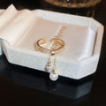 Gold Plated Copper Zircon Pearl Tassel Crisscross Double Layer Open Ring For Women view 3
