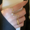 Gold Plated Copper Zircon Pearl Tassel Crisscross Double Layer Open Ring For Women view 2