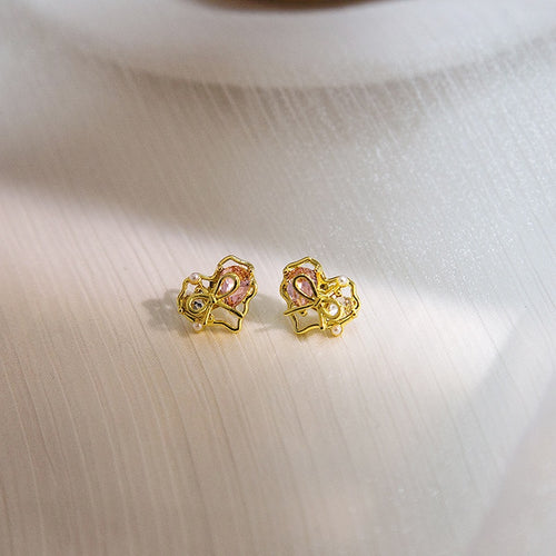 Elegant Gold Alloy Heart Bow Pearl Studs With Pink Zircon Rhinestone And Pearl Sweet Fashion Earrings