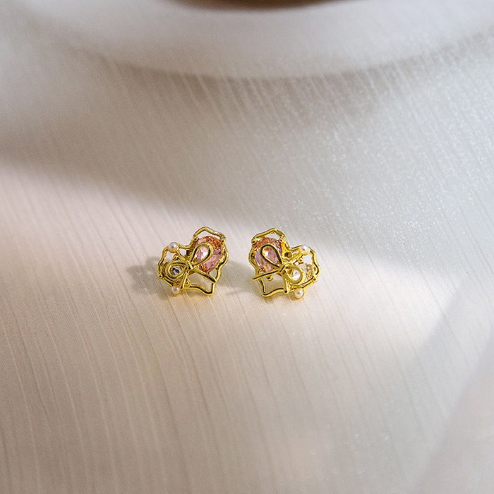 Elegant Gold Alloy Heart Bow Pearl Studs With Pink Zircon Rhinestone And Pearl Sweet Fashion Earrings