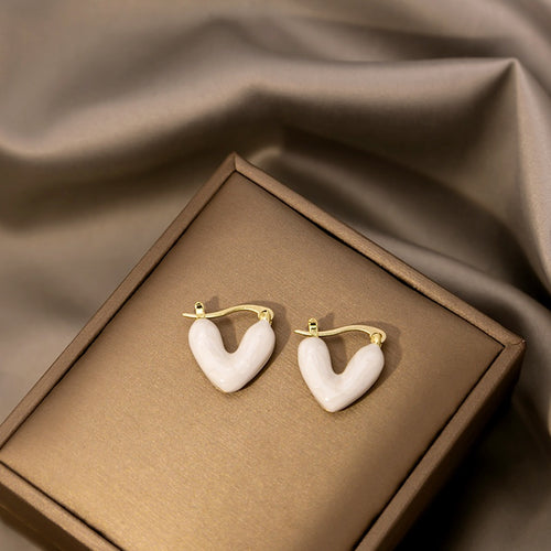 Elegant White Enamel Heart Hoop Huggie Earrings Gold Alloy Plated Vintage Fashion Stud Earrings