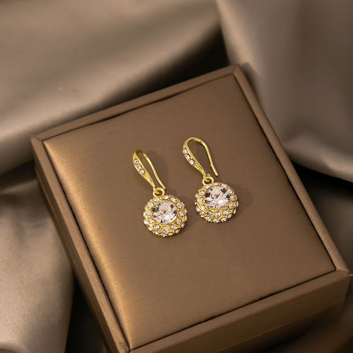 Elegant Luxury Gold Alloy Hook Drop With Round Zircon Crystal Halo Geometric Commuter Fashion Earrings