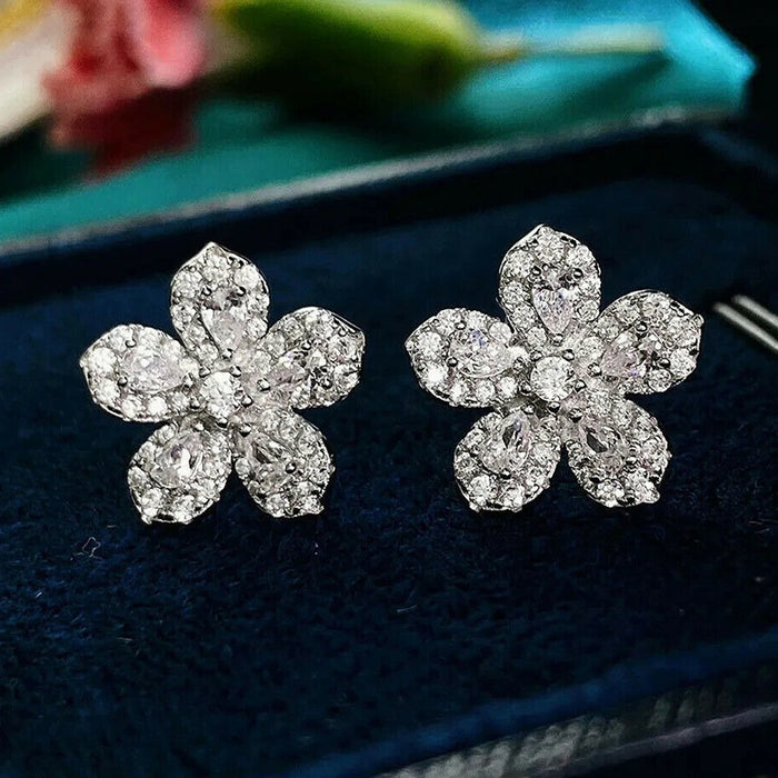 Korean Minimalist Micro Pave Full Zircon Clover Flower Stud Earrings Delicate Jewelry