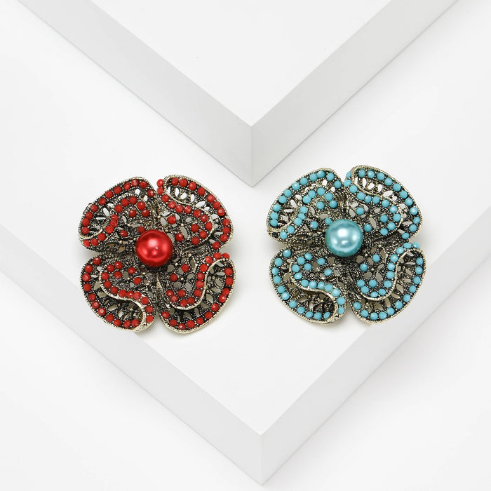 Alloy Rhinestone Flower Brooch Pin With Pearl For Suit Lapel