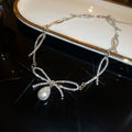 Rhinestone Bow Pearl Alloy Necklace, Fashion Personality Light Luxury Clavicle Choker view 2