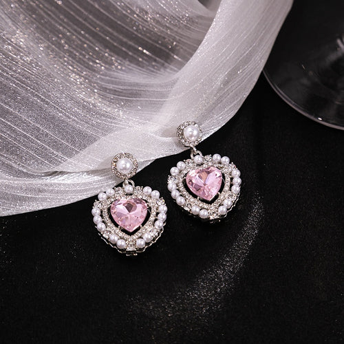 Elegant Pink Heart Zircon Rhinestone Pearl Drop Stud Earrings Luxury Alloy Silver Needle Earrings