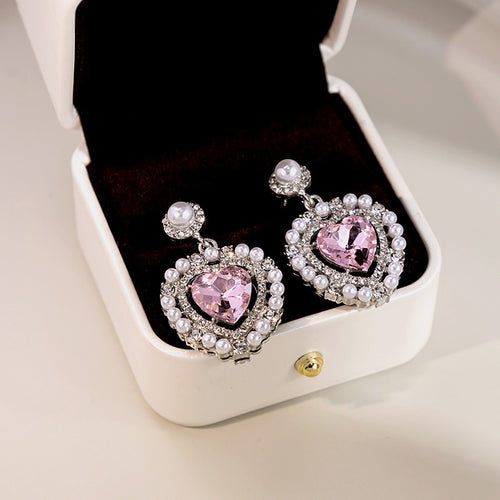 Elegant Pink Heart Zircon Rhinestone Pearl Drop Stud Earrings Luxury Alloy Silver Needle Earrings