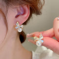 Gold Plated Silver Needle Bow Stud Earrings With Zirconia Faux Pearl Fashion OL Style view 1