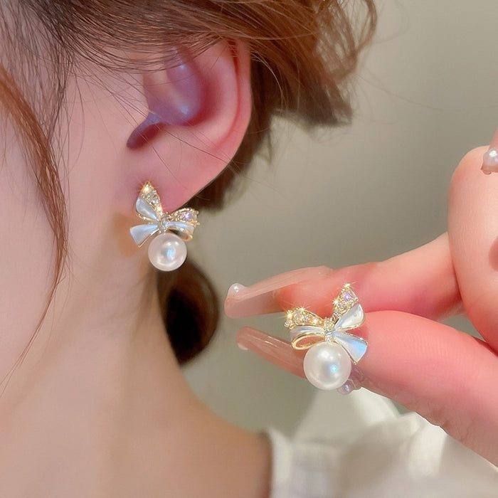 Gold Plated Silver Needle Bow Stud Earrings With Zirconia Faux Pearl Fashion OL Style