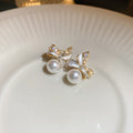Gold Plated Silver Needle Bow Stud Earrings With Zirconia Faux Pearl Fashion OL Style view 4