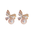 Gold Plated Silver Needle Bow Stud Earrings With Zirconia Faux Pearl Fashion OL Style view 5