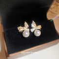 Gold Plated Silver Needle Bow Stud Earrings With Zirconia Faux Pearl Fashion OL Style view 2