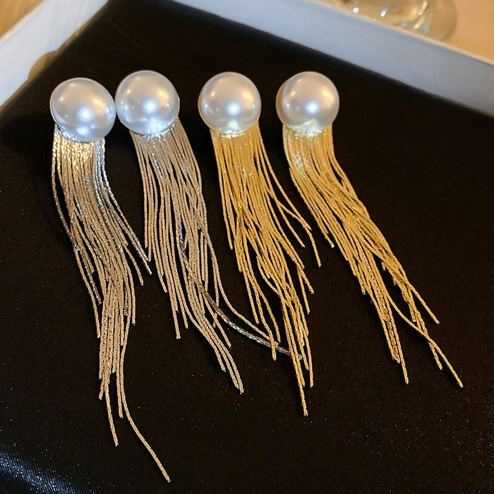 Light Luxury Metal Geometric Round Long Tassel Drop Earrings With Silver Needle For Women