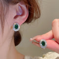 Oval Green Emerald Zircon Copper Stud Earrings With Silver Pins, Retro Geometric Light Luxury Style view 2
