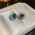 Oval Green Emerald Zircon Copper Stud Earrings With Silver Pins, Retro Geometric Light Luxury Style view 3