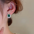 Oval Green Emerald Zircon Copper Stud Earrings With Silver Pins, Retro Geometric Light Luxury Style view 4