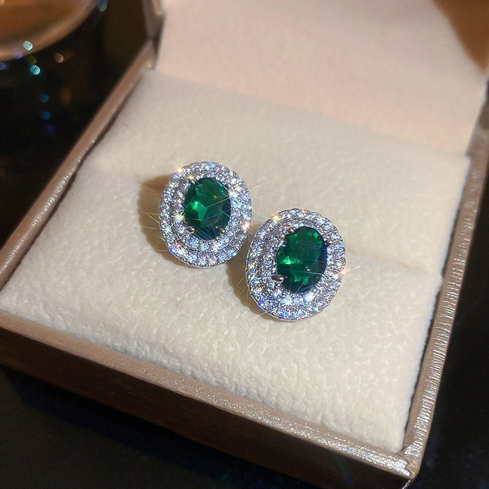 Oval Green Emerald Zircon Copper Stud Earrings With Silver Pins, Retro Geometric Light Luxury Style