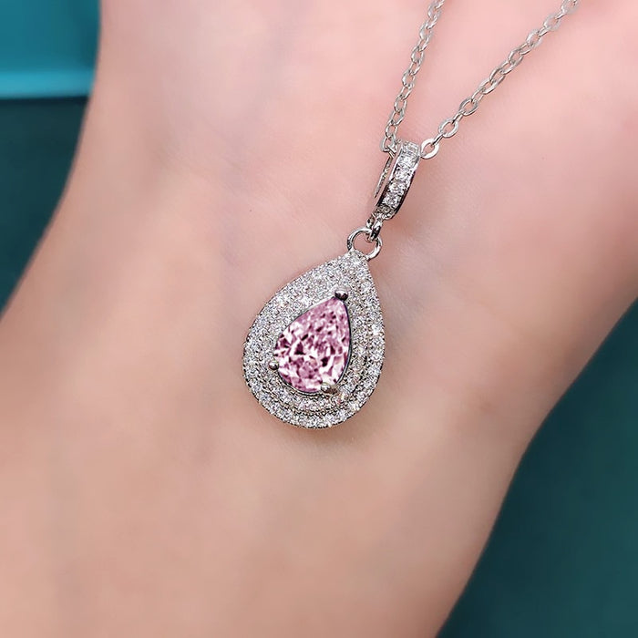 Olive Green Teardrop Pendant Necklace With Colorful Zircon, Fashion Pear Shape Jewelry