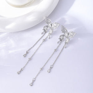 Elegant Silver Alloy Butterfly Rhinestone Extra Long Chain Tassel Stud Drop Earrings