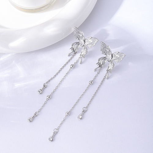 Elegant Silver Alloy Butterfly Rhinestone Extra Long Chain Tassel Stud Drop Earrings