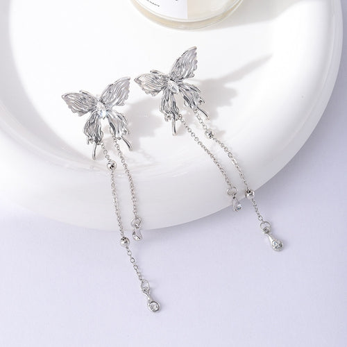 Elegant Silver Alloy Butterfly Rhinestone Extra Long Chain Tassel Stud Drop Earrings