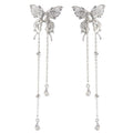 Elegant Silver Alloy Butterfly Rhinestone Extra Long Chain Tassel Stud Drop Earrings view 5