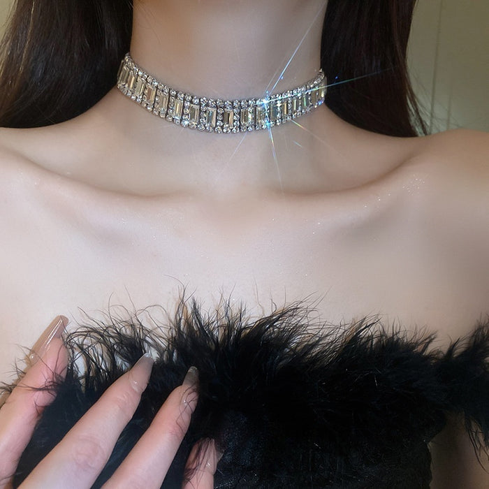 Full Rhinestone Alloy Ring Choker Necklace Minimalist Geometric Collarbone Chain