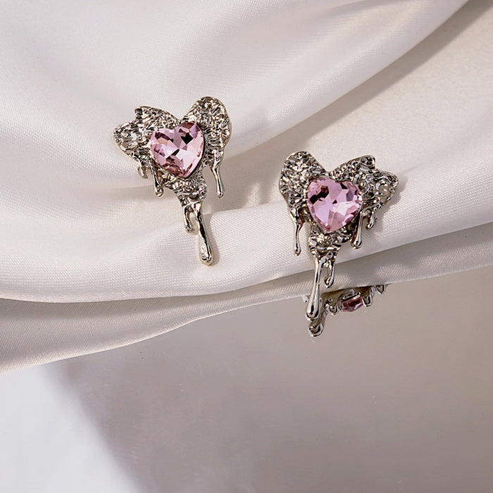 Elegant Molten Alloy Heart Studs With Pink Crystal Rhinestone Drip Design For Women Fashion Earrings