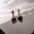Sweet Cool Dark Red Zircon Heart Drop Studs With Four Point Star Alloy Rhinestone Dangle Earrings view 2