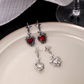 Sweet Cool Dark Red Zircon Heart Drop Studs With Four Point Star Alloy Rhinestone Dangle Earrings view 1
