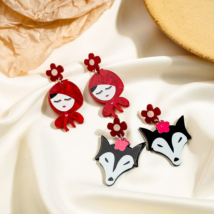 Cute Cartoon Little Red Riding Hood And Wolf Flower Stud Drop Acrylic Fashion Earrings