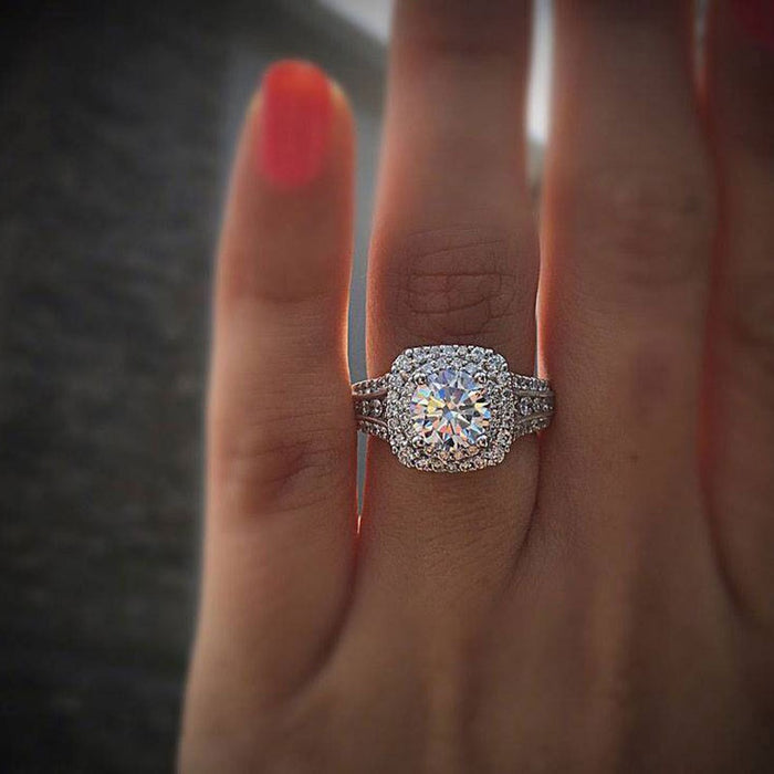 Copper White Gold Plated Zircon Double Layer Ring For Women, European American Sparkling Jewelry