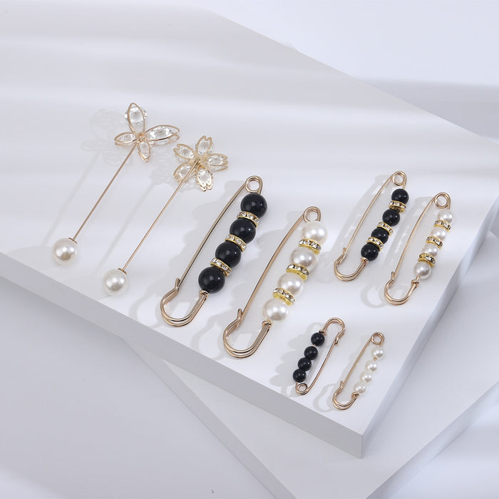 Alloy Rhinestone Pearl Safety Brooch Pin For Shirts And Cardigans