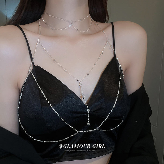 Fashion Rhinestone Beaded Alloy Chain Body Necklace, European American Geometric Chest Chain