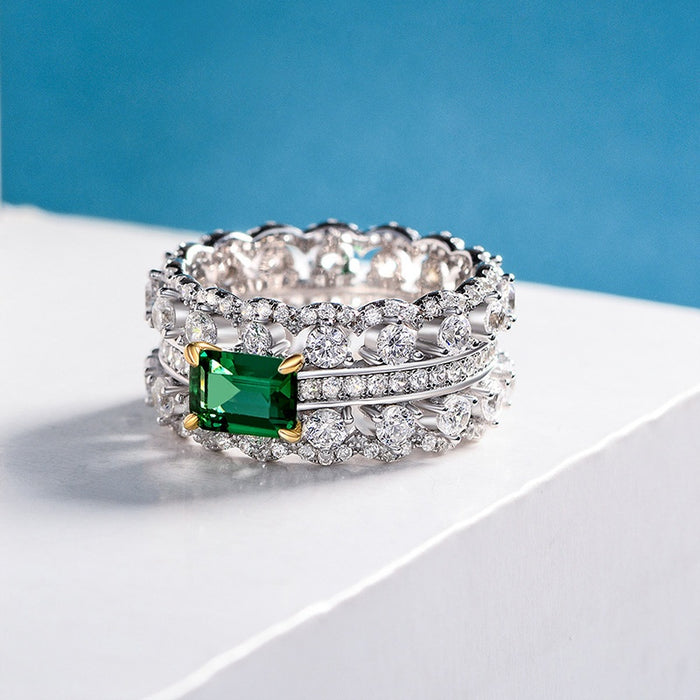 Emerald Green Zircon Women's Ring Double Row Pave Vintage Palace Style Light Luxury Fashion Ring