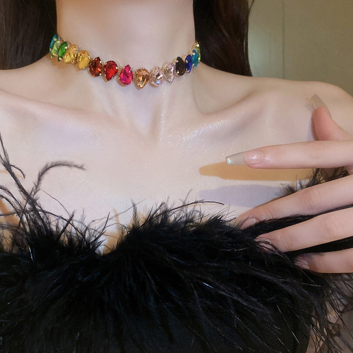 Colorful Faux Crystal Teardrop Copper Necklace Fashion OL Statement Clavicle Chain