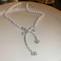 Faux Pearl Rhinestone Bow Geometric Collarbone Necklace, Fashion OL Light Luxury Design view 4