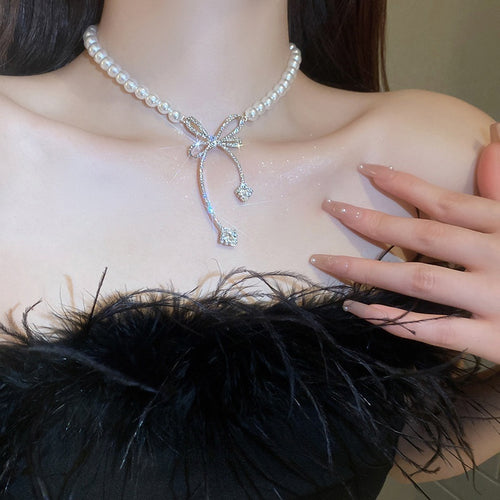 Faux Pearl Rhinestone Bow Geometric Collarbone Necklace, Fashion OL Light Luxury Design