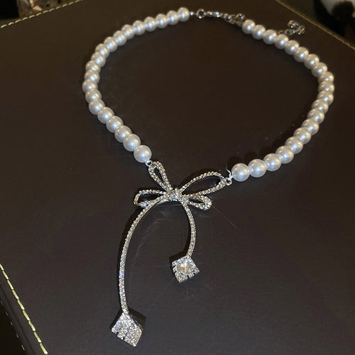 Faux Pearl Rhinestone Bow Geometric Collarbone Necklace, Fashion OL Light Luxury Design