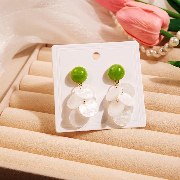 Elegant Summer Forest Green Acrylic Geometric Round Disc Petal Tassel Drop Stud Earrings