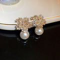 Alloy Rhinestone Flower Pearl Stud Earrings For Women Fashion OL Light Luxury Jewelry view 3