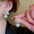 Alloy Rhinestone Flower Pearl Stud Earrings For Women Fashion OL Light Luxury Jewelry view 2