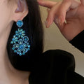 Blue Rhinestone Flower Alloy Drop Earrings, Vintage Statement Fashion OL Style view 3