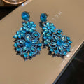 Blue Rhinestone Flower Alloy Drop Earrings, Vintage Statement Fashion OL Style view 4