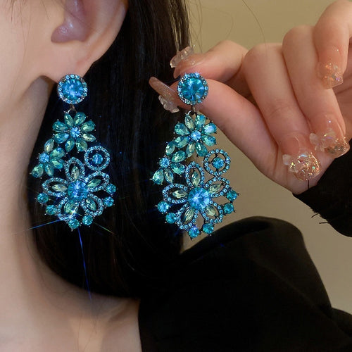 Blue Rhinestone Flower Alloy Drop Earrings, Vintage Statement Fashion OL Style