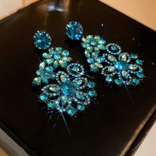 Blue Rhinestone Flower Alloy Drop Earrings, Vintage Statement Fashion OL Style