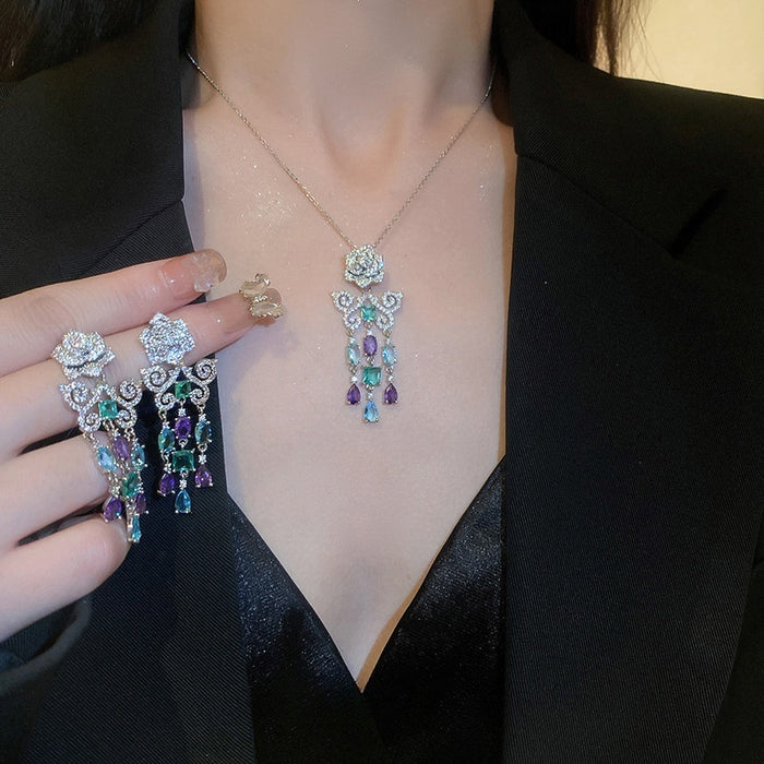 Copper Rose Flower Butterfly Tassel Drop Earrings With Silver Needle Zircon Fashion OL Style