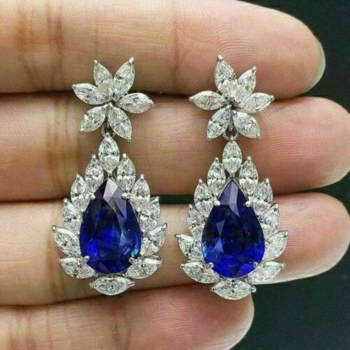 Luxury Fashion Color Gemstone Earrings For Women, Exaggerated Pear Drop Blue Rhinestone Dangles