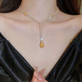 Smoky Yellow Faux Crystal Teardrop Copper Jewelry Set With Rhinestone Necklace And Earrings view 4