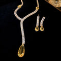 Smoky Yellow Faux Crystal Teardrop Copper Jewelry Set With Rhinestone Necklace And Earrings view 1